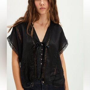 Free People Marigold Shine Satin Lace Top in Washed Black